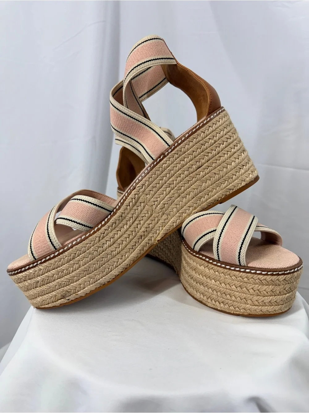 Tory Burch Pink and Cream Striped Espadrille Wedge Sandals